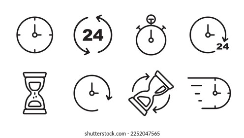 Iconos de línea de tiempo y reloj establecidos. La colección de iconos contiene: temporizador, velocidad, alarma, restauración, administración, calendario, mirar símbolos de línea delgada para web y teléfono móvil en fondo blanco
