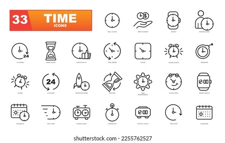 Zeit- und Uhrzeilensymbole gesetzt. Die Symbolsammlung enthält: Timer, Geschwindigkeit, Alarm, Wiederherstellung, Management, Kalender, beobachten dünne Linien Symbole für Web und Handy auf weißem Hintergrund

