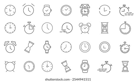 Time and clock line icons set. Calendar, timer, watch, speed, date and management. vector. editable	