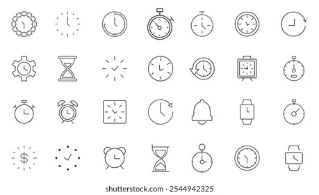 Iconos de línea de tiempo y reloj establecidos. Calendario, temporizador, reloj, velocidad, fecha y gestión. Vector. editable	