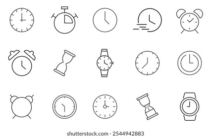 Time and clock line icons set. Calendar, timer, watch, speed, date and management. vector. editable	