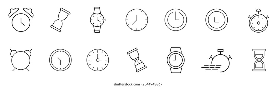 Time and clock line icons set. Calendar, timer, watch, speed, date and management. vector. editable	