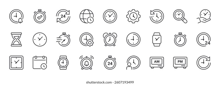 Time and Clock Line Icons Set. Calendar, Timer, Stopwatch. Editable Stroke.