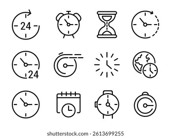 Time and clock line icons set. Containing clock, stopwatch, hourglass and watch icon, speed clock symbol more Vector illustration.