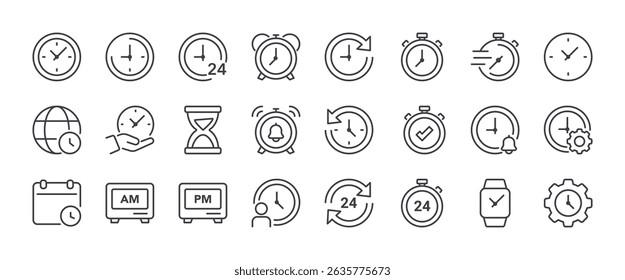 Time and clock line icons set. Outline web icons. Editable stroke
