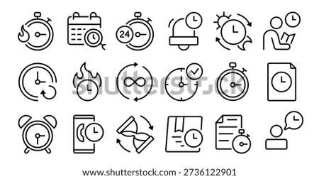 Time and clock line icons. Stopwatch, calendar and alarm for schedule planning, urgent deadline and productivity workflow or tracking. Linear symbols for study timers, delivery and notification.