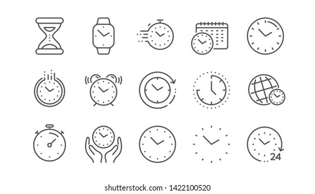 Time and clock line icons. Timer, Alarm and Smartwatch. Time management, 24 hour clock, deadline alarm icons. Sand hourglass, smartwatch, timer stopwatch. Linear set. Vector