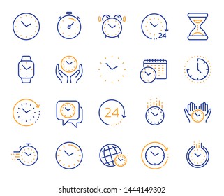 Time and clock line icons. Timer, Alarm and Smartwatch. Time management, 24 hour clock, deadline alarm icons. Sand hourglass, calendar and digital smartwatch, timer stopwatch. Vector