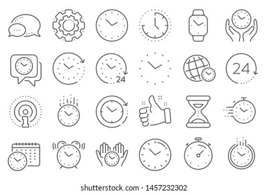 Time and clock line icons. Timer, Alarm and Smartwatch. Time management, 24 hour clock, deadline alarm icons. Sand hourglass, calendar and digital smartwatch, timer stopwatch. Line signs set. Vector