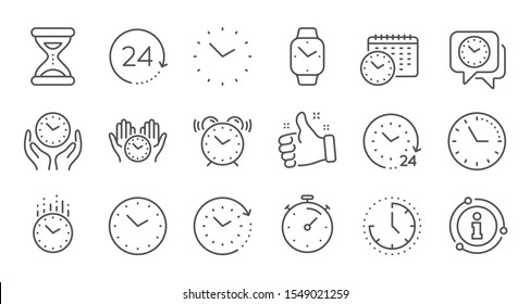 Time and clock line icons. Timer, Alarm and Smartwatch. Time management, 24 hour clock, deadline alarm icons. Sand hourglass, smartwatch, timer stopwatch. Linear set. Quality line set. Vector