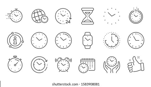 Time and clock line icons. Timer, Alarm and Smartwatch. Time management, 24 hour clock, deadline alarm icons. Sand hourglass, smartwatch, timer stopwatch. Linear set. Quality line set. Vector