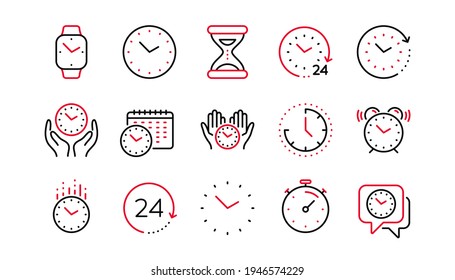 Time and clock line icons. Timer, Alarm and Smartwatch. Time management, 24 hour clock, deadline alarm icons. Sand hourglass, smartwatch, timer stopwatch. Linear set. Linear set. Vector