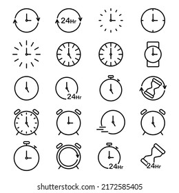 Time and clock line icons. Timer, Alarm and Smartwatch. Time management, 24 hour clock, deadline alarm icons. Sand hourglass, calendar and digital smartwatch, timer stopwatch. Vector eps 10