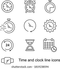 Iconos de línea de tiempo y reloj. Conjunto de iconos lineales del vector.