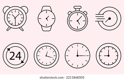 Iconos de línea de tiempo y reloj. Conjunto de iconos lineales del vector.