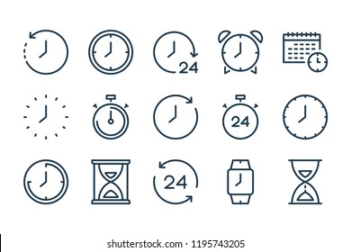 Iconos de línea de tiempo y reloj. Conjunto de iconos lineales del vector.
