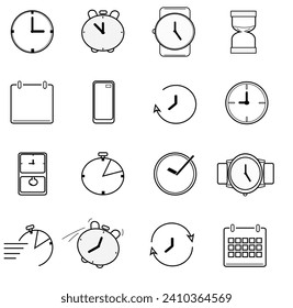 Iconos de línea de tiempo y reloj. Juego de iconos de Watch, Timer, Date, Current time y Calendar vector linear.