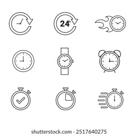 Time and Clock line icons. Watch, Timer, Alarm, Current time. vector linear icon set.