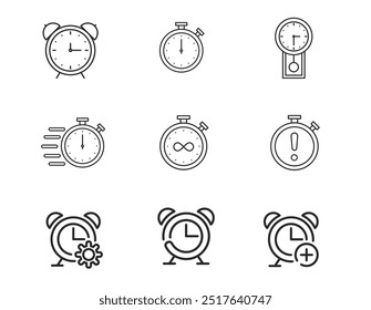 Time and Clock line icons. Watch, Timer, Alarm, Current time. vector linear icon set.