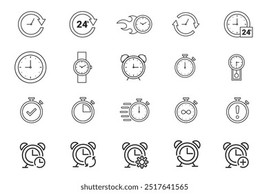 Iconos de línea de tiempo y reloj. Conjunto de iconos lineales de reloj, temporizador, fecha, hora actual y Vector de calendario. Vector