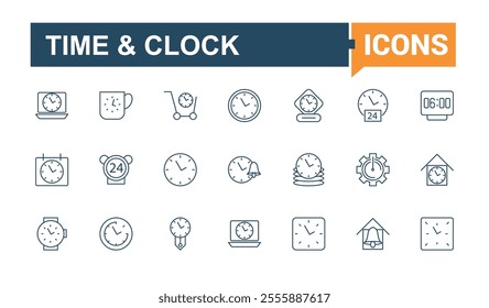 Time And Clock linear icon collection. Includes thin line hourglass, timer, speed, watch, number, management, alarm and more. Simple icon designs. Editable stroke. Vector illustration.