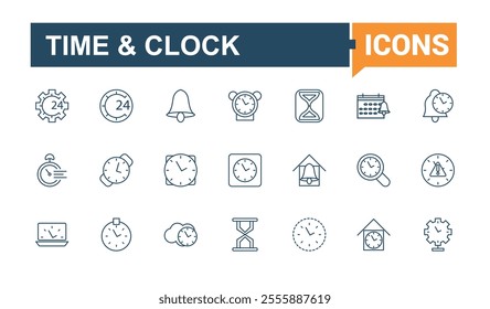 Time And Clock linear icon collection. Includes thin line hourglass, timer, speed, watch, number, management, alarm and more. Simple icon designs. Editable stroke. Vector illustration.