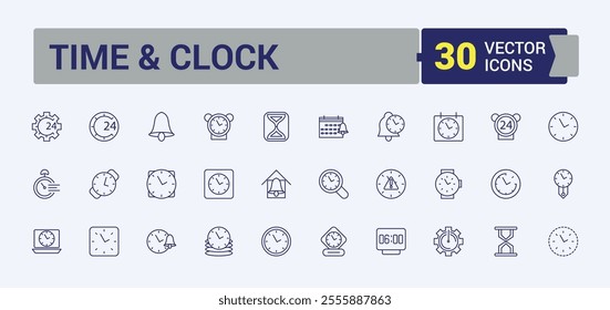 Time And Clock linear icon collection. Includes thin line hourglass, timer, speed, watch, number, management, alarm and more. Simple icon designs. Editable stroke. Vector illustration.