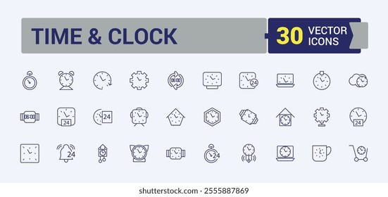 Time And Clock linear icon collection. Includes thin line hourglass, timer, speed, watch, number, management, alarm and more. Simple icon designs. Editable stroke. Vector illustration.