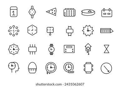 Time and Clock linear icons set. Date and Time, Timer, watch, speed, calendar, alarm clock Editable stroke.