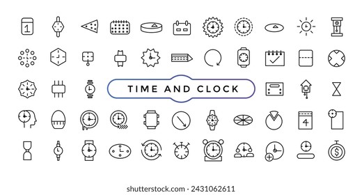 Time and Clock linear icons set. Date and Time, Timer, watch, speed, calendar, alarm clock Editable stroke.