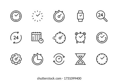Time and clock linear icons vector symbol set. Collection of time, clocks, timer, control, speed, alarm clock, calendar. Simple outline vector icons for websites and mobile phones white background. - Shutterstock ID 1731099400