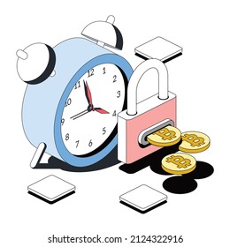 Time clock, lock bitcoin coins. Vector 3d sketch line isometric style, color icon illustration. Creative design idea and infographics elements.