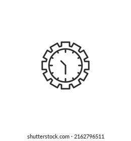 Tiempo y reloj. Ilustración minimalista dibujada con delgada línea negra. Trazo editable. Adecuado para sitios web, tiendas, aplicaciones móviles. Icono de línea del reloj dentro del engranaje 