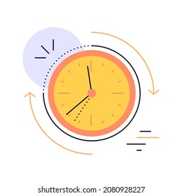 Time and clock. Moving arrows. Working time. Schedule. Time zone. Modern flat icon. Vector file.