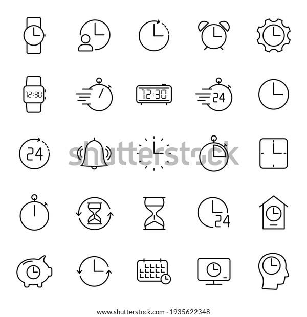 time and clock outline vector icons isolated on\
white. time and clock icon set for web and ui design, mobile apps\
and print products