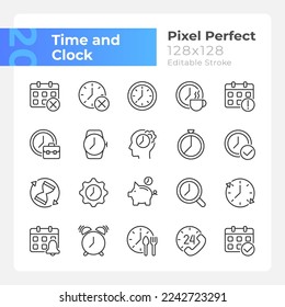 Time and clock pixel perfect linear icons set. Working hours. Daily schedule. Customizable thin line symbols. Isolated vector outline illustrations. Editable stroke. Montserrat Bold, Light fonts used