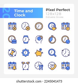 Time and clock pixel perfect RGB color icons set. Daily schedule. Isolated vector illustrations. Simple filled line drawings collection. Editable stroke. Montserrat Bold, Light fonts used