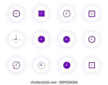 time clock purple color vector icons on light round buttons with purple shadow. time clock icon set for web, mobile apps, ui design and print