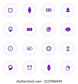 time clock purple color vector icons on light round buttons with purple shadow. time clock icon set for web, mobile apps, ui design and print