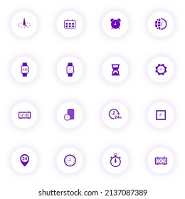 iconos vectoriales de color púrpura de reloj en botones redondos claros con sombra púrpura. conjunto de iconos de reloj para web, aplicaciones móviles, diseño de ui e impresión
