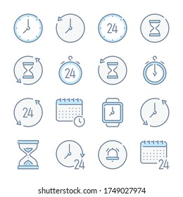 Time and clock related blue line colored icons. Timer and stopwatch icon set.