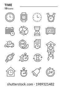 Zeit- und Uhrzeitsymbolsatz. Einfache Kollektion linearer Vektorsymbole.