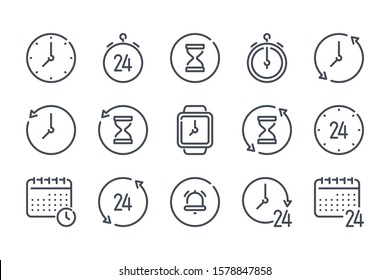 Time And Clock Related Line Icon Set. Hour, Timer And Stopwatch Linear Icons. Date And Calendar Schedule Outline Vector Sign Collection.