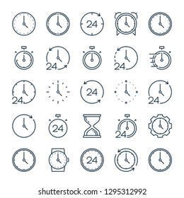 Time and clock related line icons. Alarm and timer vector linear monocolor icon set. Hour and Date icon collection.