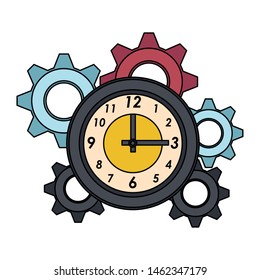 time clock round watch alarm with gears cartoon vector illustration graphic design