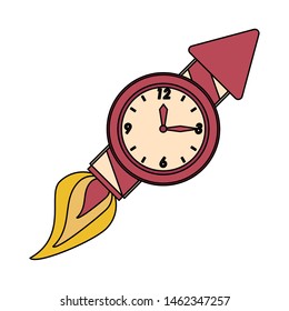 time clock round watch alarm with rocket taking off cartoon vector illustration graphic design