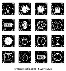 Time and Clock set icons in grunge style isolated on white background. Vector illustration