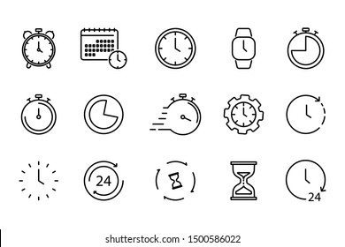 Time and Clock set of linear icons. Time management. Timer, Speed, Alarm, Restore, Time Management, Calendar and more. Collection of time, clock, watch, timer vector simple outline icons for web - Shutterstock ID 1500586022