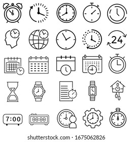 Time and Clock set of linear icons. Time management. Timer, Speed, Alarm, Restore, Time Management, Calendar and more. Collection of time, clock, watch, timer vector simple outline icons for web