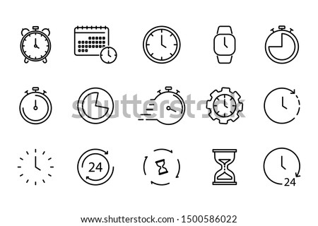 Time and Clock set of linear icons. Time management. Timer, Speed, Alarm, Restore, Time Management, Calendar and more. Collection of time, clock, watch, timer vector simple outline icons for web 商業照片 © 